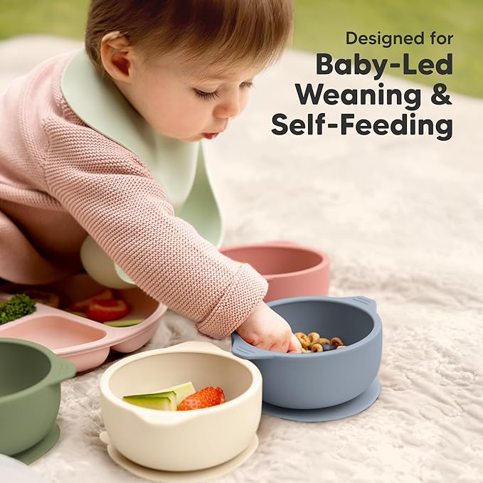 KeaBabies 2-Pack Baby Bowls with Suctions, Lids - Silicone Toddler Suction Bowls for Baby Boy, Girl, Kids, Food Grade Silicone, BPA-Free, Dishwasher Safe, Toddler Eating Essentials (Roseate)