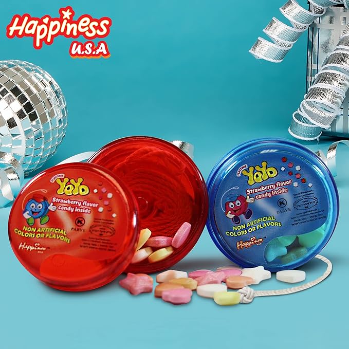 Happiness USA YoYo FIlled with Strawberry Hard Candy Pack of 12 | Novelty Toy & Individually Wrapped Candy Variety Pack | No Artificial Color or Flavor Prizes for Kids | Kosher Birthday Party Favors