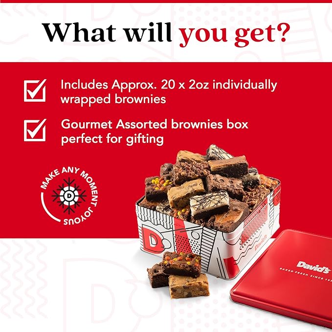 David's Cookies Assorted Brownies Gift Tin - 20 Slices of Individually Wrapped Gourmet Brownies - Delicious Variety of Flavors, Fresh Baked Snacks - Ideal Brownies Gift Basket For Special Occasions