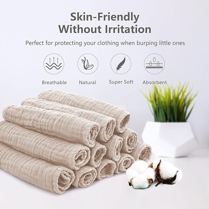 SWEET DOLPHIN 12 Pack Muslin Burp Cloths Large 100% Cotton Hand Washcloths for Baby - Baby Essentials Extra Absorbent and Soft Boys & Girls Milk Spit Up Rags for Newborn Registry - Brown, 20" X10"