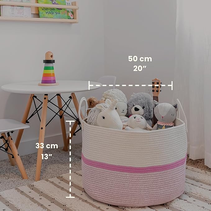 OrganiHaus Boho Woven Basket for Blankets and Laundry, Decorative Large Storage Bin for Living Room, Nursery Basket for Toys & Clothes, Soft Cotton Rope with Handles 20x13 inches - Striped Pink
