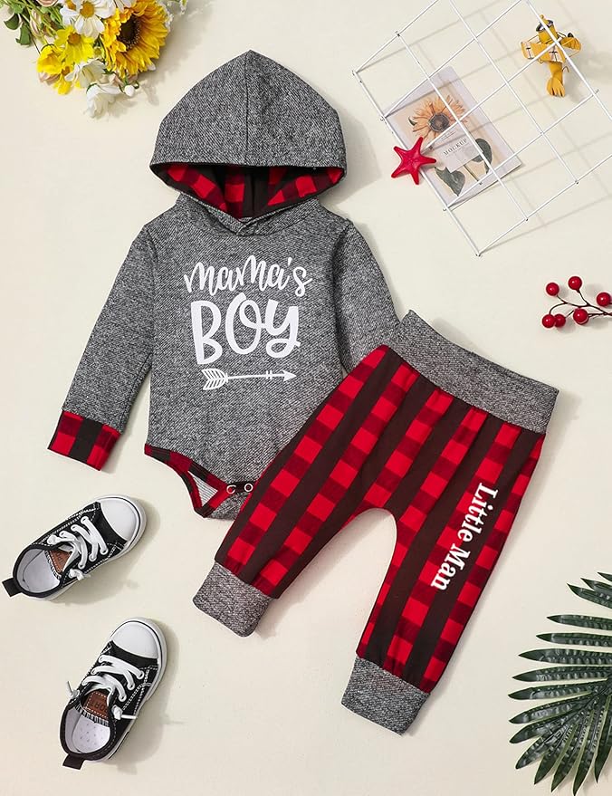 Fommy Newborn Baby Boy Clothes Plaid Letter Print Long Sleeve Hoodies + Long Pants 2PCS Fall Winter Outfits Set