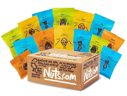 Nuts.com - Nuts and Dried Fruits Snack Box – Gourmet Mix Assortment for Summer and Festive Gifts – Package Includes Mixed Nuts, Dried Apricots & Fruits, Trail Mix, Heat Mix and Apple Pie Crunch