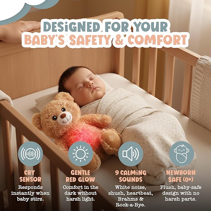 Gemma Joy Baby Sleep Soother Teddy Bear for Baby – Cry Activated Heartbeat Stuffed Animal – Rechargeable Crib Soother with White Noise, Shush, Lullabies & Night Light – Newborn Essentials Must Haves