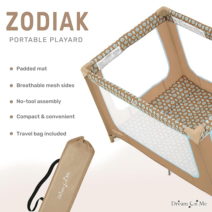Dream On Me Zodiak Portable Playard in Coffee and Blue, Lightweight, Packable and Easy Setup Baby Playard, Breathable Mesh Sides and Soft Fabric - Comes with a Removable Padded Mat