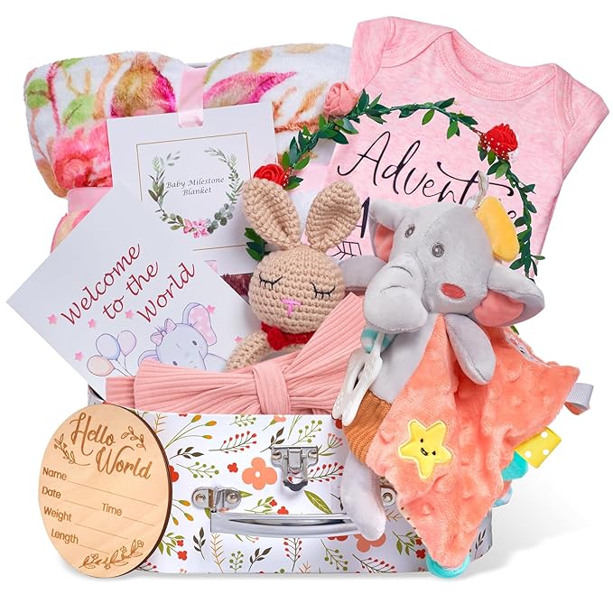 Baby Girl Gifts,Baby Shower Gifts for Girls,New Born Baby Girls Gift Sets,Welcome Baby Girl Gift Basket,Baby Milestone Blanket,Unique Baby Gift Essentials,Gender Reveal Gifts, Rattle Lovey Blanket