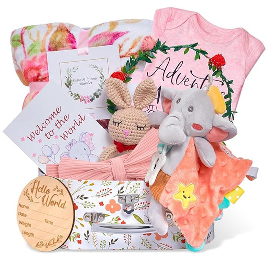Baby Girl Gifts,Baby Shower Gifts for Girls,New Born Baby Girls Gift Sets,Welcome Baby Girl Gift Basket,Baby Milestone Blanket,Unique Baby Gift Essentials,Gender Reveal Gifts, Rattle Lovey Blanket