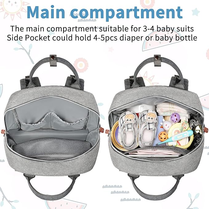 Diaper Bag Backpack, Baby Bag for Boys Girls, Large Diaper Backpack Travel Diaper Bags with Insulated Pockets Baby Registry Search Shower Gifts Newborn Essentials for Mom Dad, Waterproof Grey