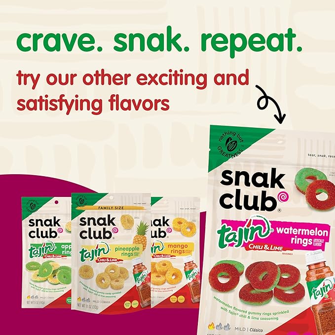 Snak Club Tajin Peach Rings Gummy Candy, Fruit Candy Gummies with Chili and Lime Seasoning, Mild, Gluten-Free and Vegan Snacks, 2.5 oz Snack Bags, 12 Pack