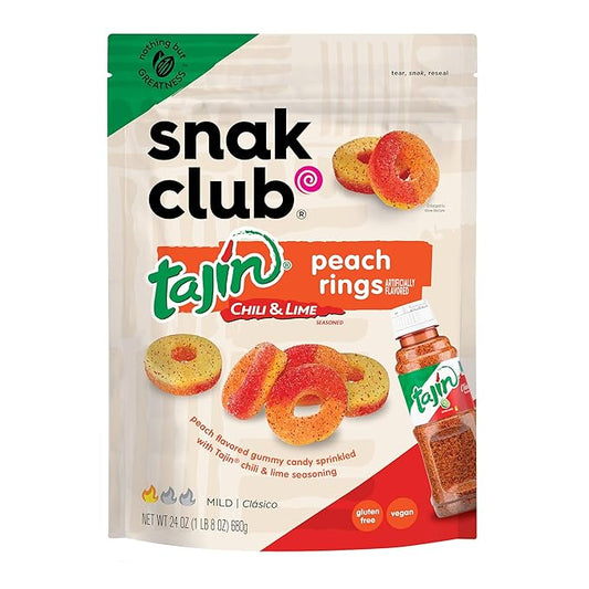 Snak Club Tajin Peach Rings Gummy Candy, Fruit Candy Gummies with Chili and Lime Seasoning, Mild, Gluten-Free and Vegan Snacks, 24 oz Resealable Bag