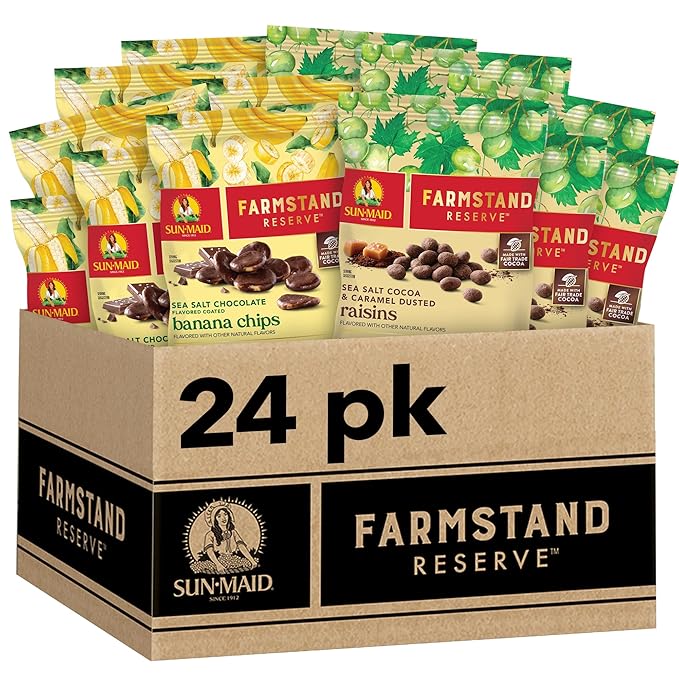 Sun-Maid Farmstand Reserve 24 Count Variety Pack - 0.8 oz Snack Bag – (12) Sea Salt Cocoa & Caramel Dusted Raisins + (12) Sea Salt Chocolate Coated Banana Chips (Amazon Exclusive)
