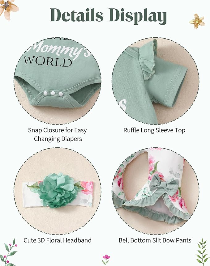 SUNNY PIGGY Newborn Baby Girl Clothes Infant Outfits Romper Floral Fall Outfit Bell Bottoms Pant Sets Hat Headband Flowerpant