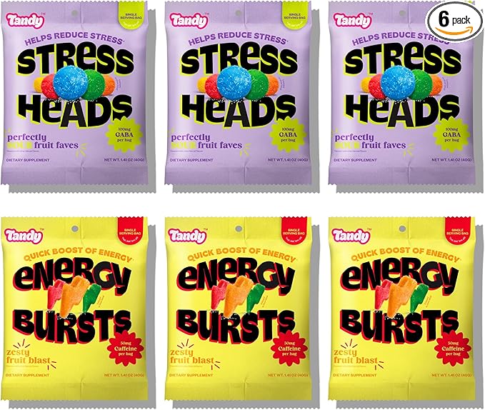 Tandy Stress Heads & Energy Bursts Gummies I GABA Amino Acid & Caffeine Gummy I Sour Fruit & Zesty Fruit Flavors I I Stress Relief & Energy Boost Gummies Variety Pack I 6-Pack