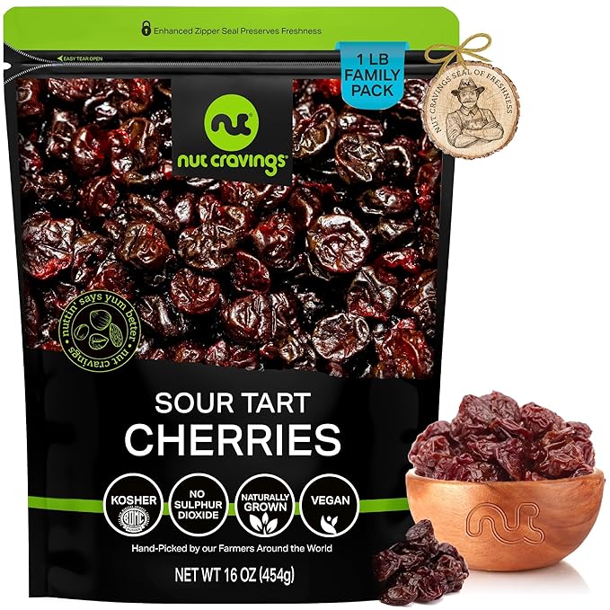 NUT CRAVINGS - Sun Dried Sour Tart Cherries, Lightly Sweetened (16oz, 1 LB) Bulk Dry Fruits Packed Fresh in Resealable Bag - Sweet Healthy Snack, Naturally Grown, Vegan, Kosher