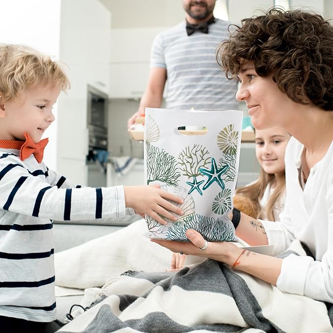 Summer Beach Party Favor Bags - 50Pcs Blue Coastal Goody Candy Treat Gifts Bags, Ocean Seashell Themed Party Decorations for Kids Birthday Summer Ocean Coastal Beach Events Supplies