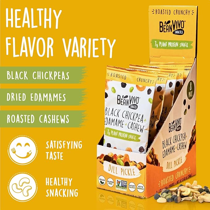 BeanVIVO Healthy Snacks for Adults & Kids with 7g Protein & 4g Fiber per Serving with Dried Edamame, Roasted Cashew and Black Chickpeas - Vegan & Gluten Free - Keto Friendly & Non-GMO - 8Pack (1.05 oz Each Pouch)