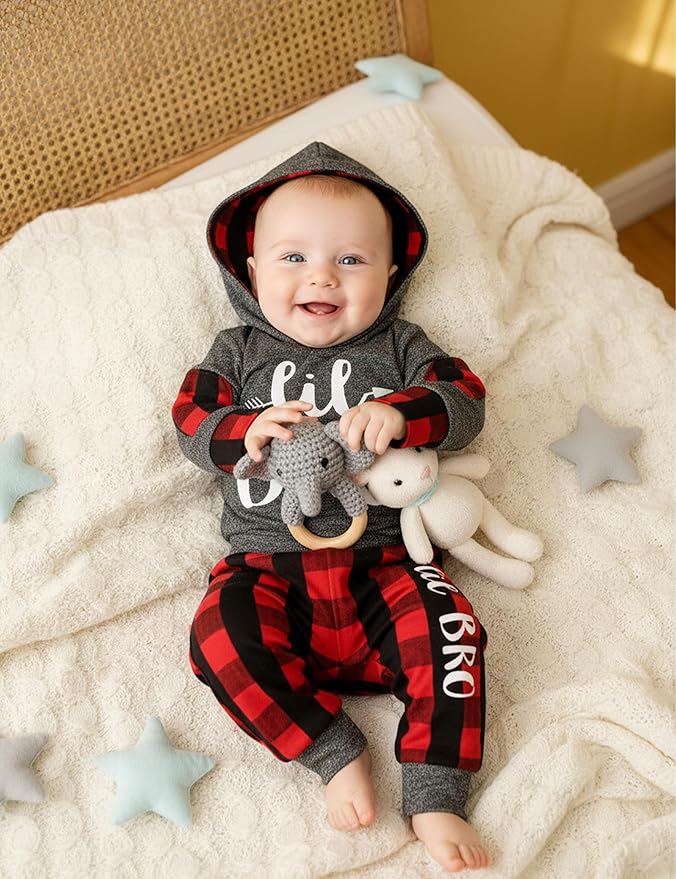 Fommy Newborn Baby Boy Clothes Plaid Letter Print Long Sleeve Hoodies + Long Pants 2PCS Fall Winter Outfits Set