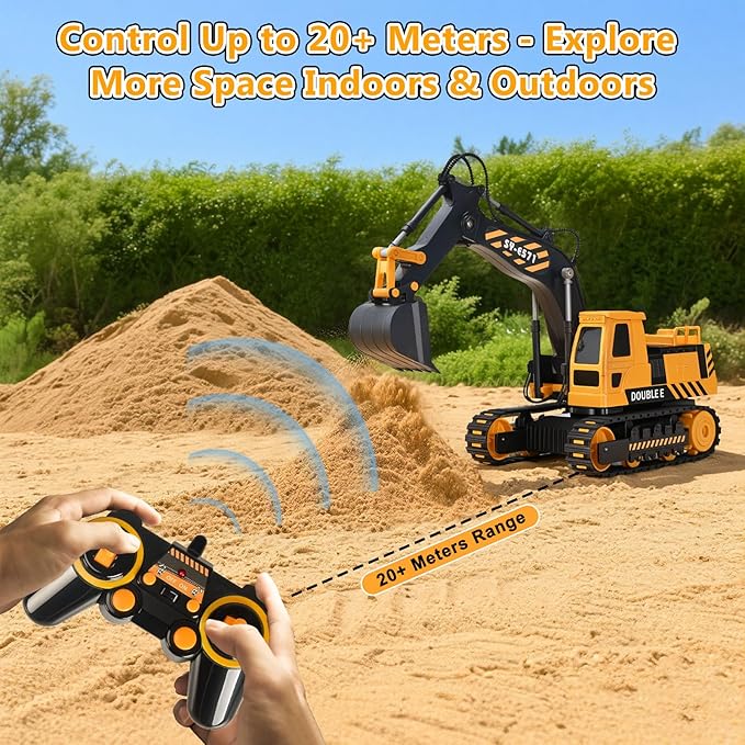 DOUBLE E Remote Control Excavator Toy, RC Excavators Sandbox Digger Hydraulic Construction Toys - Realistic Construction Vehicle with 6 Functions, Xmas Gift for Kids 3-14 Years