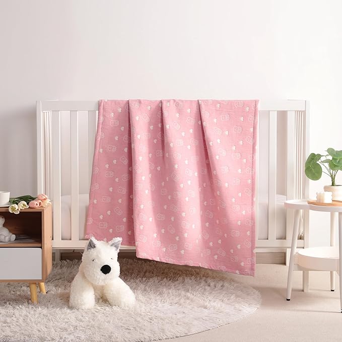 NTBAY 3 Layer Oversized Muslin Cotton Toddler Blanket, Jacquard Reversible Nursery Bed Blanket, Super Soft and Thermal for All Seasons, Baby Gift, 45"x60", Pink Rabbit