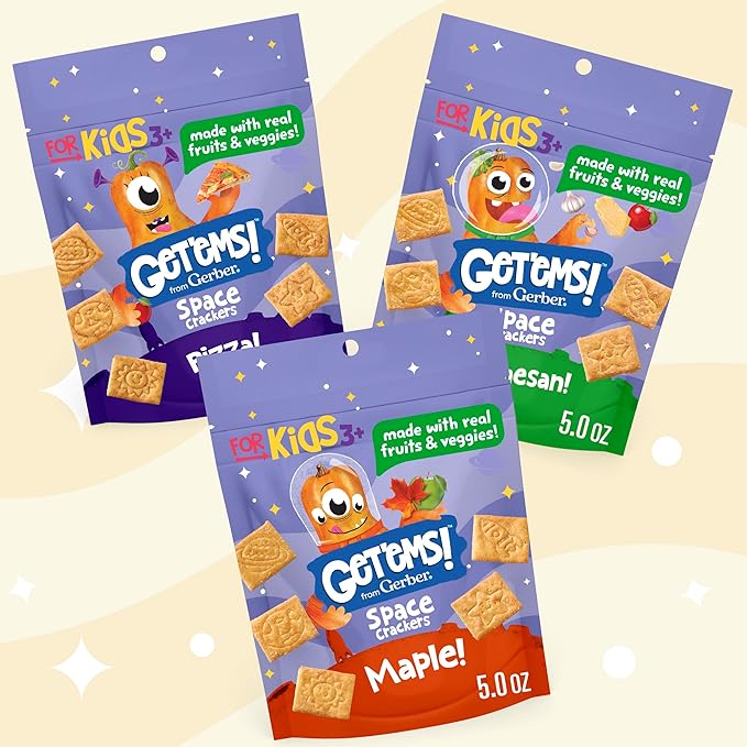Get'ems! from Gerber, Snacks for Kids, Maple Space Crackers Snacks for Kids, Made with Real Veggies & Fruits, Iron & Vitamin E - 4 pack