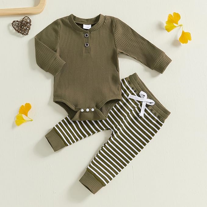 Newborn Baby Boy Girl Clothes Ribbed Knitted Long Sleeve Romper Pants Solid Cotton Infant Fall Winter Outfits 2Pcs