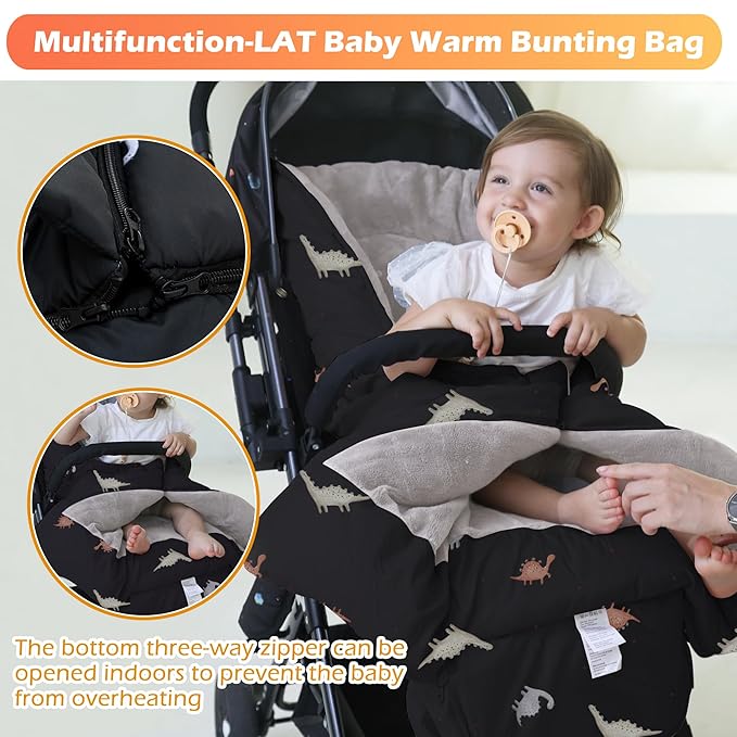 LAT Baby Warm Bunting Bag Universal,Stroller Sleeping Bag Cold Weather,Waterproof Toddler Footmuff(Basic,Black Dinosaur)