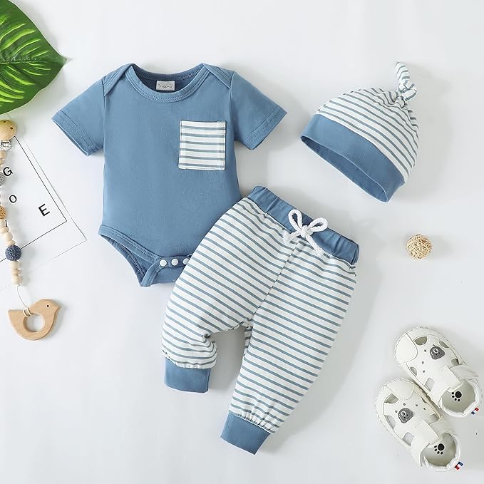 SUNNY PIGGY Baby Boy Clothes Newborn Infant Boys Outfits Romper Hat Pants 3PC Set 0-3 3-6 6-12 12-18 Month Clothing Gift