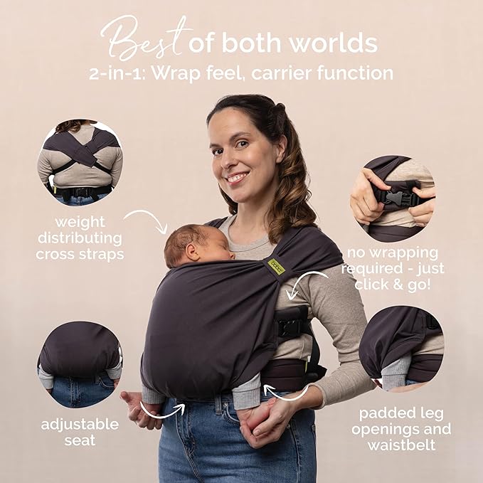 Boba Bliss Pre-Wrapped Baby Carrier with Buckle - Newborn to 7-35 lbs Light, Breathable & Easy to Adjust Hybrid Infant Sling & Toddler Carrier - Certified Hip-Healthy for 0-18 Months - Charcoal