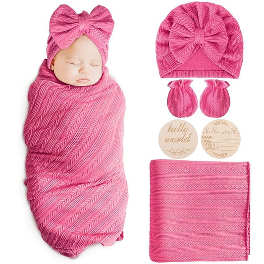 Newborn Receiving Blanket with Bow Hat Mittens Wooden Card Set Wheat-Pattern Newborns Toddler Baby Boy Girl Nursery Swaddle Wrap