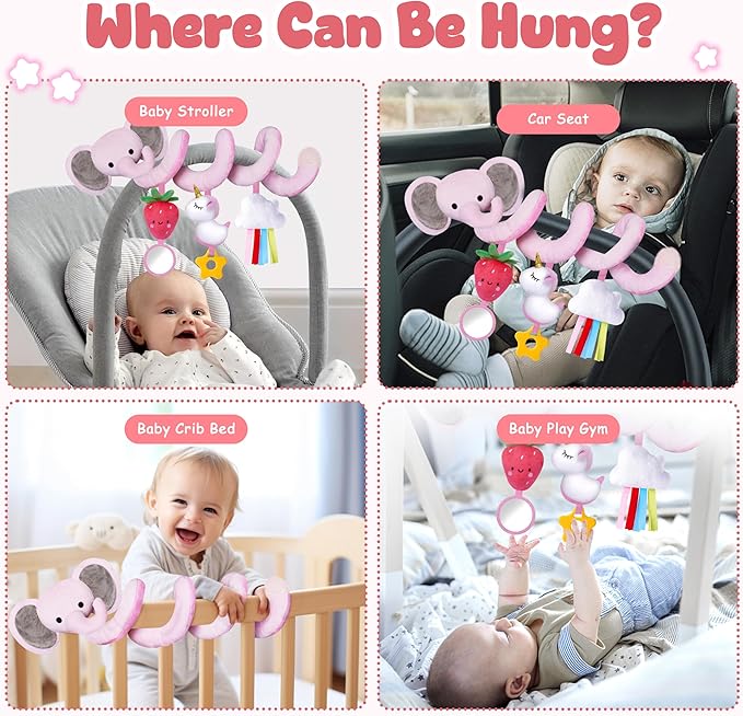 Spiral Car Seat Toys for Baby Girls 0-6 Months, Perfect Newborn Gifts for Girls Essentials, Cute Pink Elephant Strawberry Hanging Plush Items