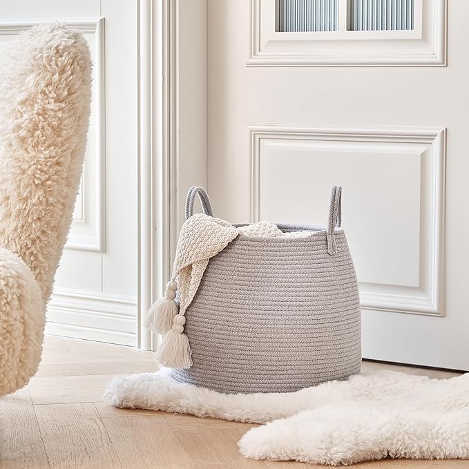 Nursery Laundry Basket | Kids Hamper for Blankets, Pillows,Toys (15"x 13")| Baby Toy Basket | Nursery Storage for Boho Room Decor | Ideal Gift for Baby Showers| Grey