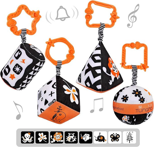 TUMAMA High Contrast Shapes Sets Baby Toys, Black and White Stroller Toy for Car Seat Baby Plush Rattles Rings Hanging Toy for 0 3 6 9 to 12 Months, Newborn,Toddlers,Infants (4 Packs)