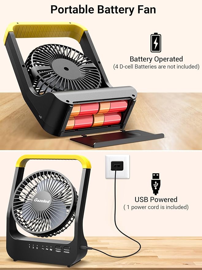 Gazeled Battery Powered Fan, Long Lasting Battery Operated Fans for Camping, Portable D-Cell Desk Fan with Timer, 3 Speeds, Whisper Quiet, 180° Rotation, for Office, Bedroom, Outdoor, 5'', Model: F15