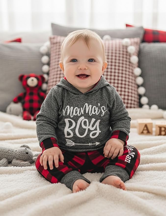 Fommy Newborn Baby Boy Clothes Plaid Letter Print Long Sleeve Hoodies + Long Pants 2PCS Fall Winter Outfits Set