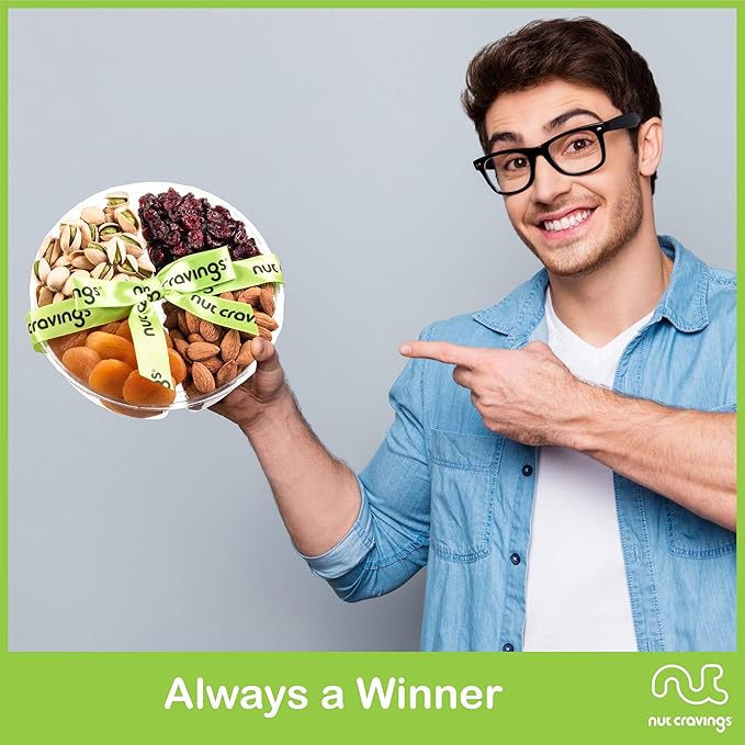 NUT CRAVINGS - Rosh Hashana & Shana Tova Dried Fruit & Mixed Nuts Gift Basket + Green Ribbon (4 Assortments) Food Arrangement, Healthy Snack Care Package, Food Assortments