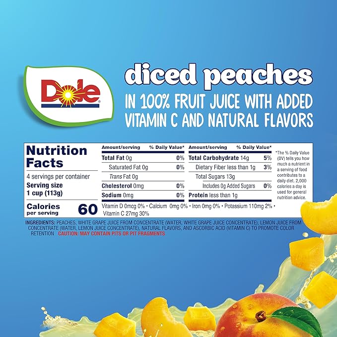 Dole Fruit Bowls, Diced Peaches in 100% Fruit Juice Snacks, 4oz 24 Total Cups, Gluten & Dairy Free, Bulk Lunch Snacks for Kids & Adults