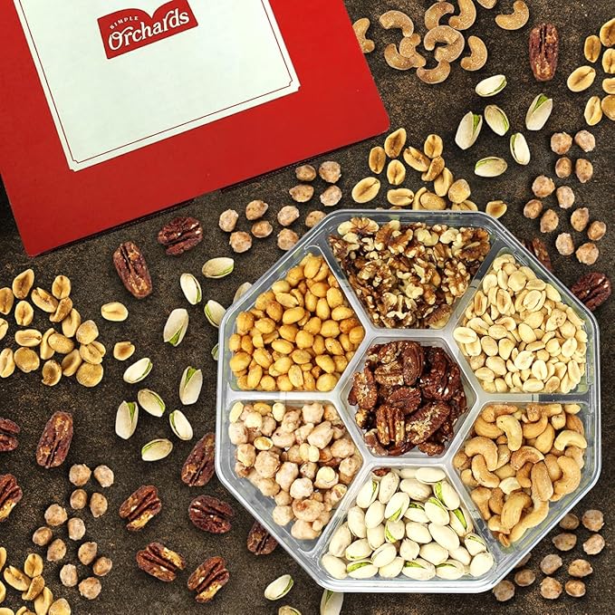 Nuts gift Basket - Delicious Mixed Cravings Gourmet Collection, Features 7 Sectional Platter with Freshly Roasted Nuts.