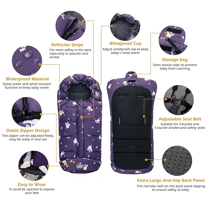 LAT Baby Warm Bunting Bag Universal,Stroller Sleeping Bag Cold Weather,Waterproof Toddler Footmuff(Basic,Purple Swan)