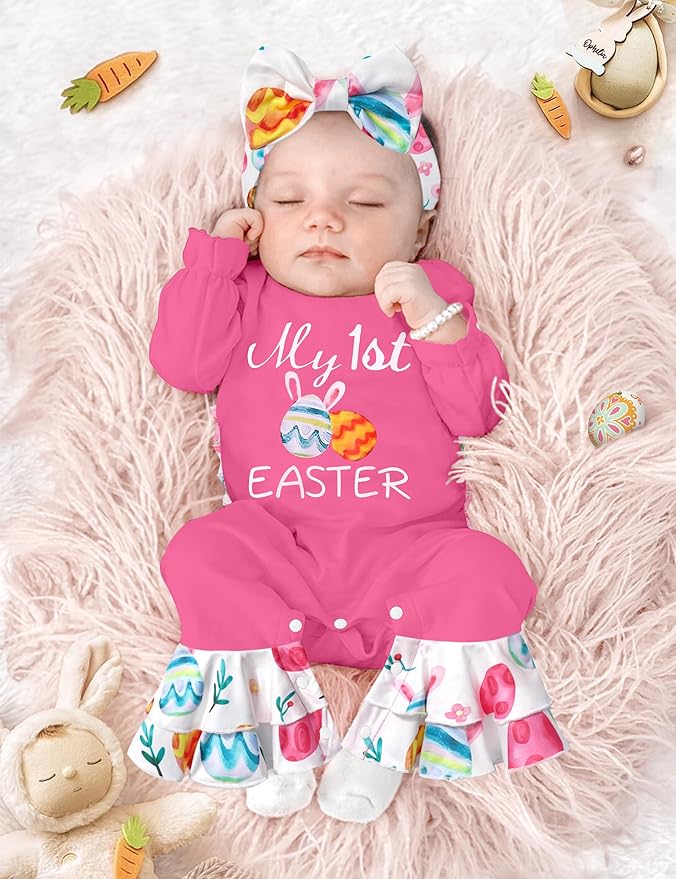 AGAPENG Newborn Girl Clothes Ruffle Letter Print Romper Infant Bell Bottom Jumpsuit Boho Baby Girl Clothes with Headband Hat