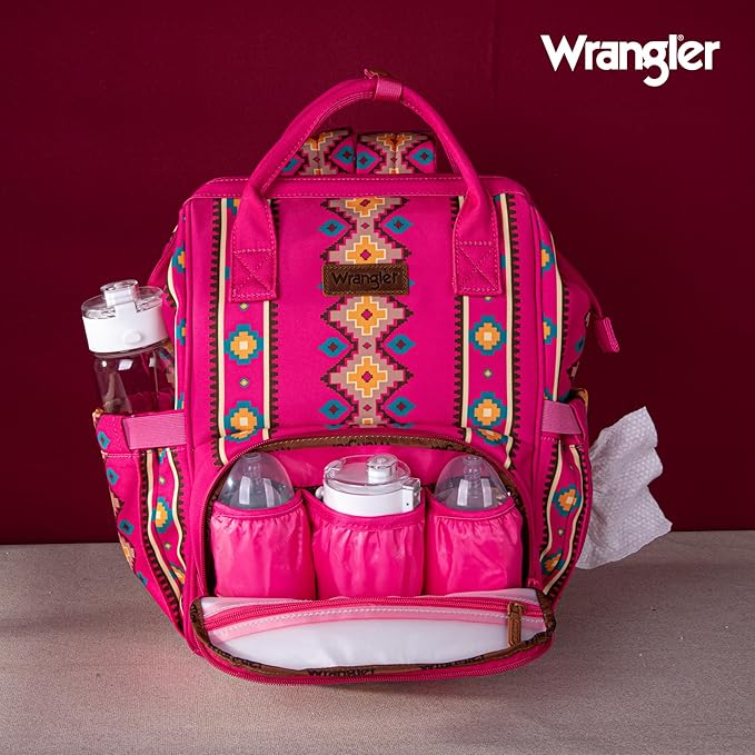 Wrangler Diaper Bag Backpack Aztec Travel Backpack Purses Western Multi-Function Baby Bags for Mom with Waterproof Insulated Pockets