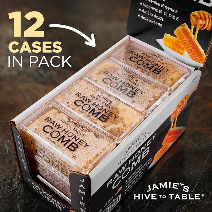 Jamie's Hive To Table 100% Raw Honeycomb, 48 Oz (Pack of 12) – All-Natural Pure Georgia Honeycomb – Fresh Georgia Honeycomb with Bee Pollen and Propolis, No Additives or Preservatives, Non-GMO
