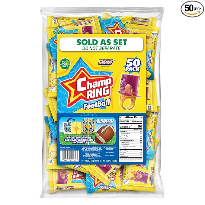 Champ Ring Football, Red Zone Raspberry - Bold Raspberry Flavored Candy Rings - Individually Wrapped - No Artificial Colors or Dyes - Perfect for Parties, Events & Snacks - Bulk Pack of 50
