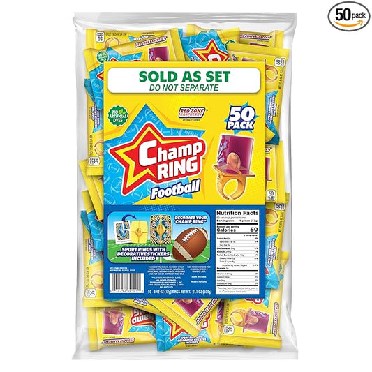 Champ Ring Football, Red Zone Raspberry - Bold Raspberry Flavored Candy Rings - Individually Wrapped - No Artificial Colors or Dyes - Perfect for Parties, Events & Snacks - Bulk Pack of 50