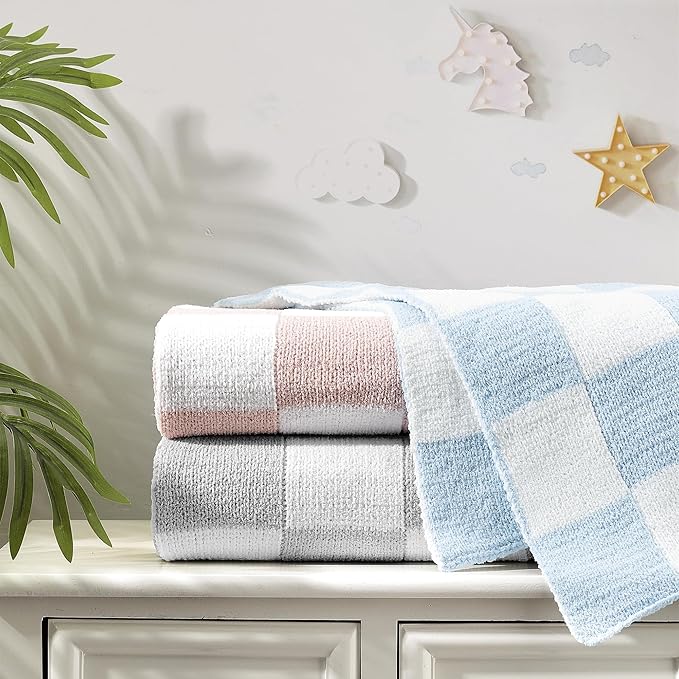 CREVENT 30"X40" Cozy Soft Warm Chenille Baby Blanket for Girls Boys, Newborn Essentials for Infant, Baby Shower Receiving Gift - Checked Grey 75X100cm