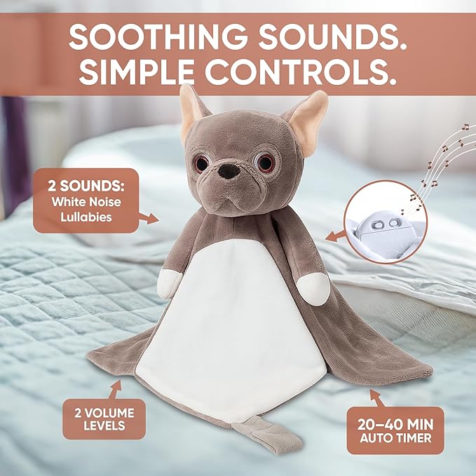 Love By Emi Baby Music Lovey Brown Bulldog, Baby Sleep Soother for Crib & Cuddle Bedtime, White Noise with Heartbeat & Lullaby, Plush Sound Machine Toy, Stuffed Animal for Newborns, Infants & Toddlers