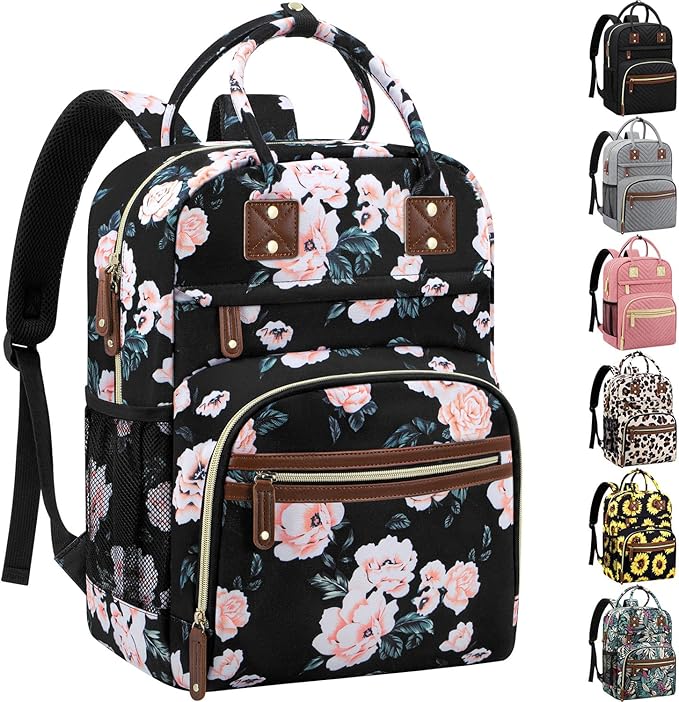 Diaper Bag Backpack Tote for Women Large Capacity with Insulated Pockets Multifunctional Diaper Bags For Baby Girl Boy Waterproof Baby Bags, Maternity Bag Black Pink Floral