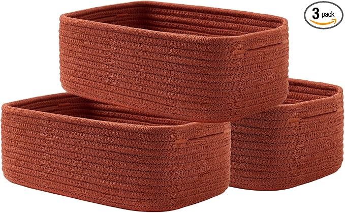 Small Woven Basket, 12 x 8 x 4.5 Inches, Storage Basket for Organizing, Cute Small Rope Shelf Closet Cube Storage Bins Baskets for Shelves, Dog Toy Gift Baskets Empty, 3 Pack Rust Red