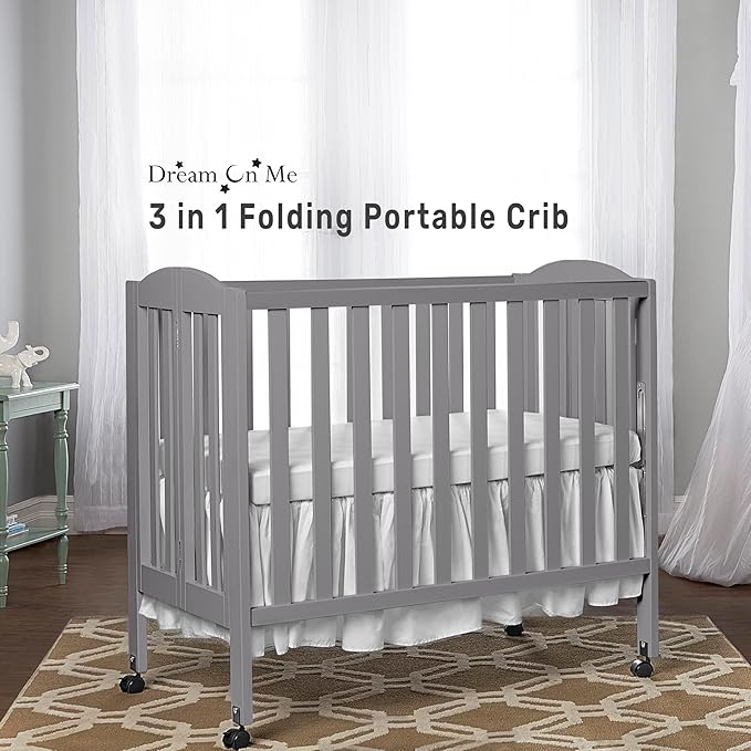 Dream On Me 3 in 1 Portable Folding Stationary Side Crib in Steel Grey, Greenguard Gold Certified, Safety Wheels with Locking Casters, Convertible, 3 Mattress Heights