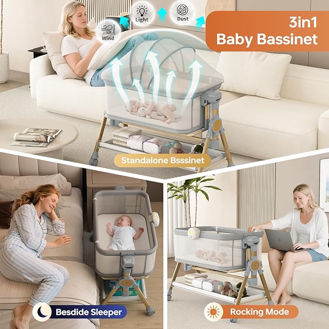 3 in 1 Baby Bassinet Bedside Sleeper, Rocking Bassinet for Baby with Wheels, Music Night Light, Storage Basket, Mattress, Adjustable Height, Portable Rocking Bedside Sleeper for Newborn Infant