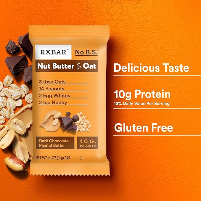 RXBAR Nut Butter and Oat Protein Bars, Protein Snacks, Snack Bars, Dark Chocolate Peanut Butter, 23.2oz Box (12 Bars)